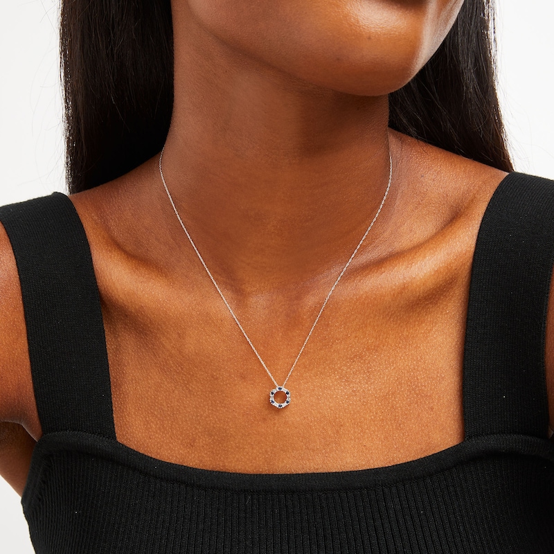 Main Image 2 of Alternating Blue Sapphire and 1/8 CT. T.W. Baguette Diamond Hexagon Pendant in 10K White Gold
