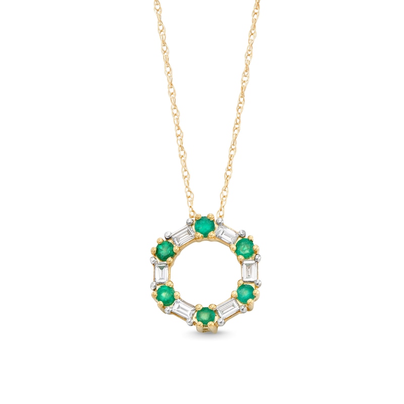 Alternating Emerald and 1/8 CT. T.W. Baguette Diamond Hexagon Pendant in 10K Gold