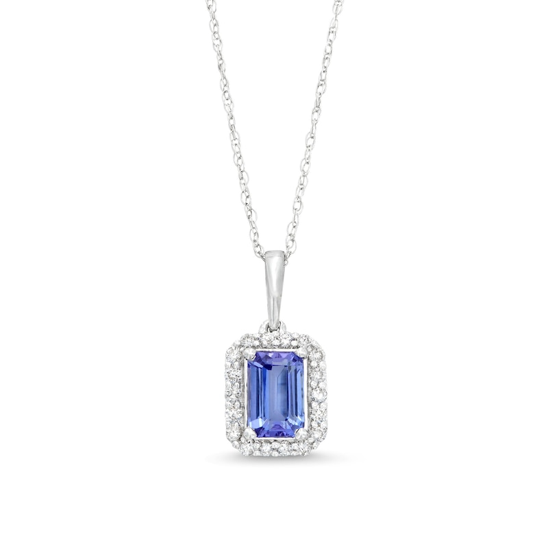 Main Image 1 of Emerald-Cut Tanzanite and 1/8 CT. T.W. Diamond Frame Pendant in 10K White Gold