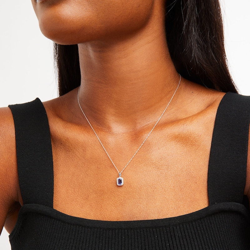Main Image 2 of Emerald-Cut Tanzanite and 1/8 CT. T.W. Diamond Frame Pendant in 10K White Gold