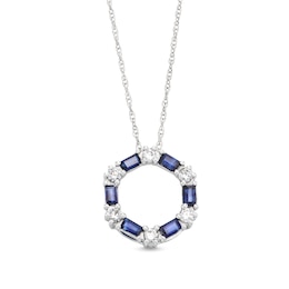 Alternating Baguette-Cut Blue Sapphire and 1/6 CT. T.W. Diamond Hexagon Pendant in 10K White Gold