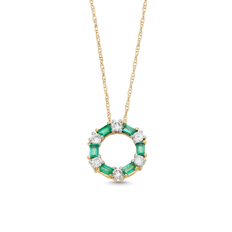 Alternating Baguette-Cut Emerald and 1/6 CT. T.W. Diamond Hexagon Pendant in 10K Gold