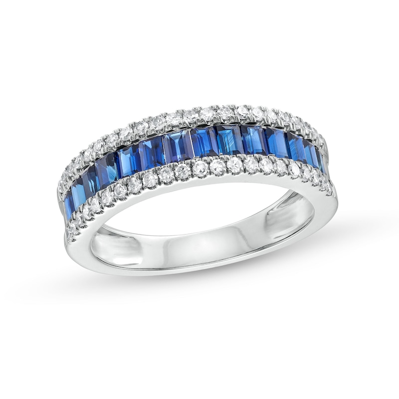 Main Image 1 of Baguette-Cut Blue Sapphire and 1/3 CT. T.W. Diamond Edge Band in 14K White Gold