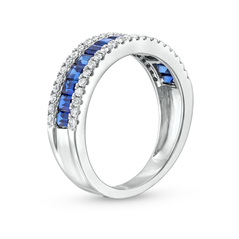 Main Image 2 of Baguette-Cut Blue Sapphire and 1/3 CT. T.W. Diamond Edge Band in 14K White Gold
