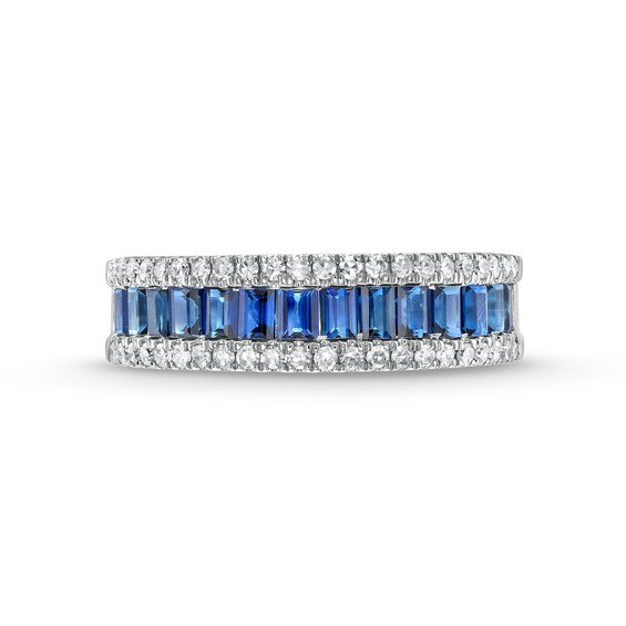 Baguette-Cut Blue Sapphire and 1/3 CT. T.w. Diamond Edge Band in 14K White Gold
