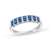 Thumbnail Image 1 of Alternating Baguette-Cut Blue Sapphire and 1/8 CT. T.W. Diamond Trios Band in 14K White Gold
