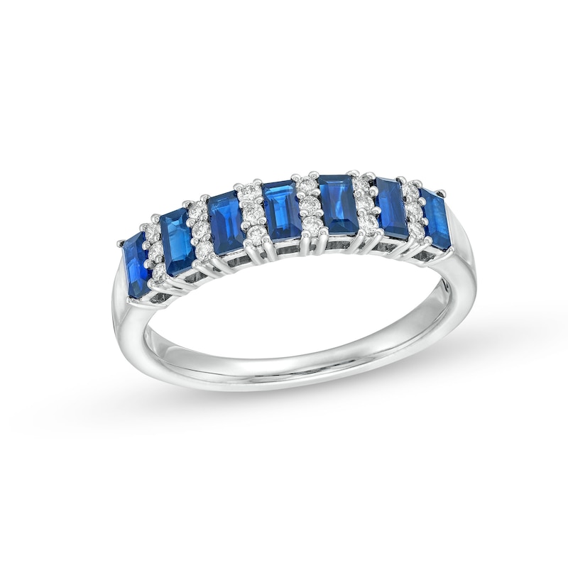 Main Image 1 of Alternating Baguette-Cut Blue Sapphire and 1/8 CT. T.W. Diamond Trios Band in 14K White Gold