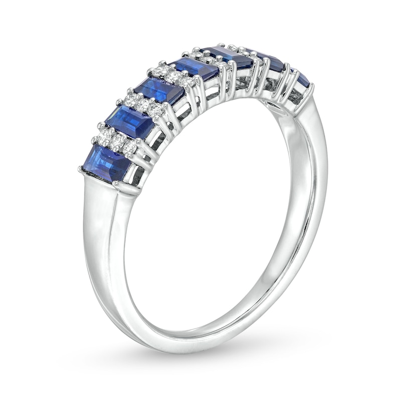 Main Image 2 of Alternating Baguette-Cut Blue Sapphire and 1/8 CT. T.W. Diamond Trios Band in 14K White Gold