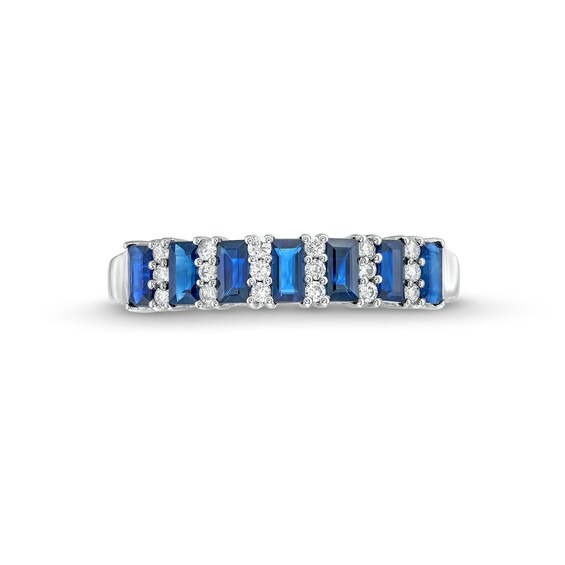 Alternating Baguette-Cut Blue Sapphire and 1/8 CT. T.w. Diamond Trios Band in 14K White Gold