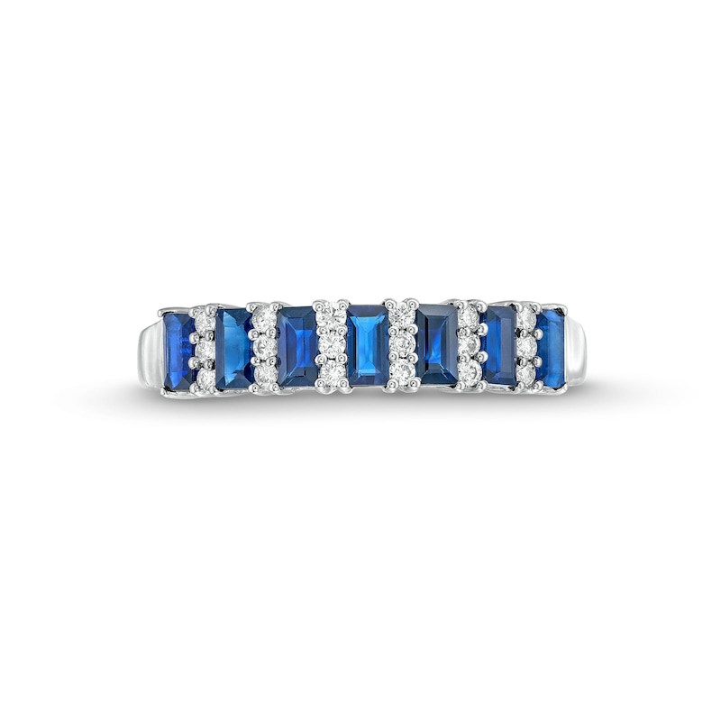 Main Image 3 of Alternating Baguette-Cut Blue Sapphire and 1/8 CT. T.W. Diamond Trios Band in 14K White Gold