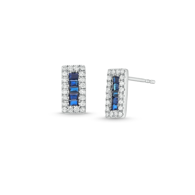 Main Image 1 of Sideways Baguette-Cut Blue Sapphire and 1/3 CT. T.W. Diamond Edge Stud Earrings in 14K White Gold