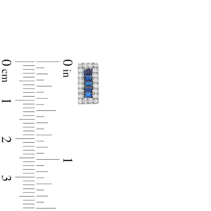 Main Image 2 of Sideways Baguette-Cut Blue Sapphire and 1/3 CT. T.W. Diamond Edge Stud Earrings in 14K White Gold
