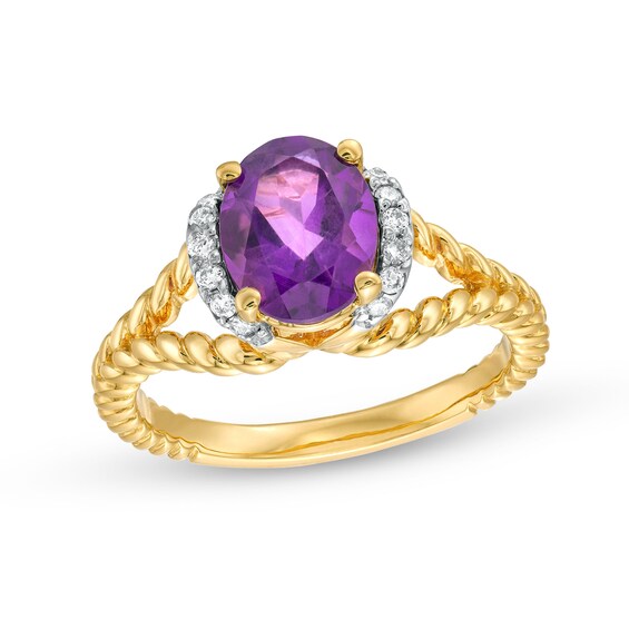 Oval Amethyst and 1/10 CT. T.w. Diamond Collar Rope Shank Ring in 14K Gold