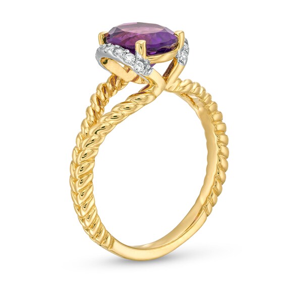 Oval Amethyst and 1/10 CT. T.w. Diamond Collar Rope Shank Ring in 14K Gold