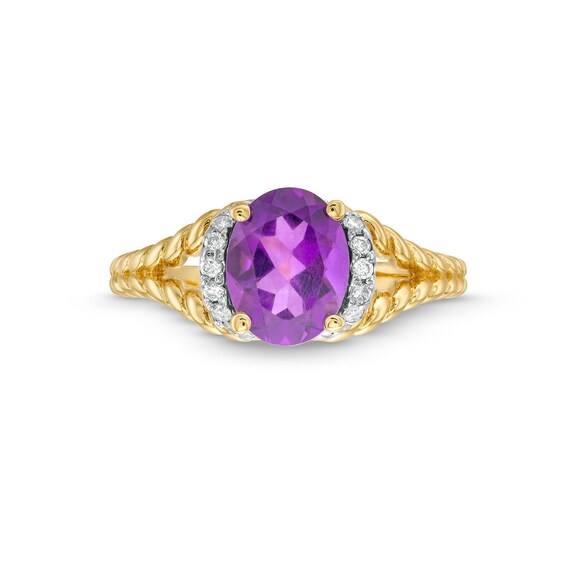 Oval Amethyst and 1/10 CT. T.w. Diamond Collar Rope Shank Ring in 14K Gold