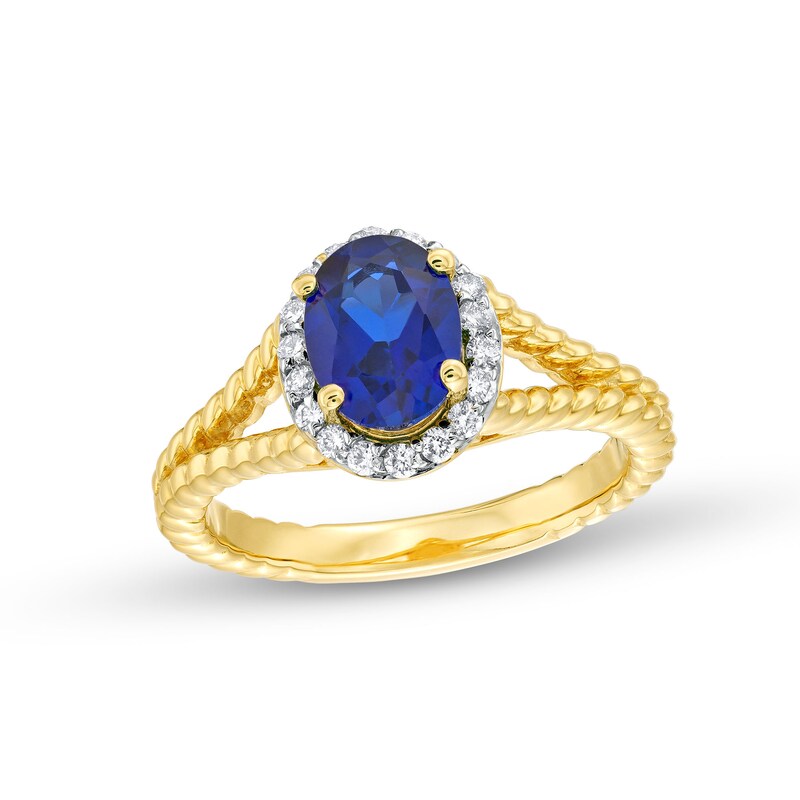 Main Image 1 of Oval Blue Lab-Created Sapphire and 1/5 CT. T.W. Diamond Frame Rope Shank Ring in 14K Gold