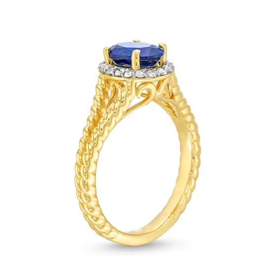 Oval Blue Lab-Created Sapphire and 1/5 CT. T.w. Diamond Frame Rope Shank Ring in 14K Gold
