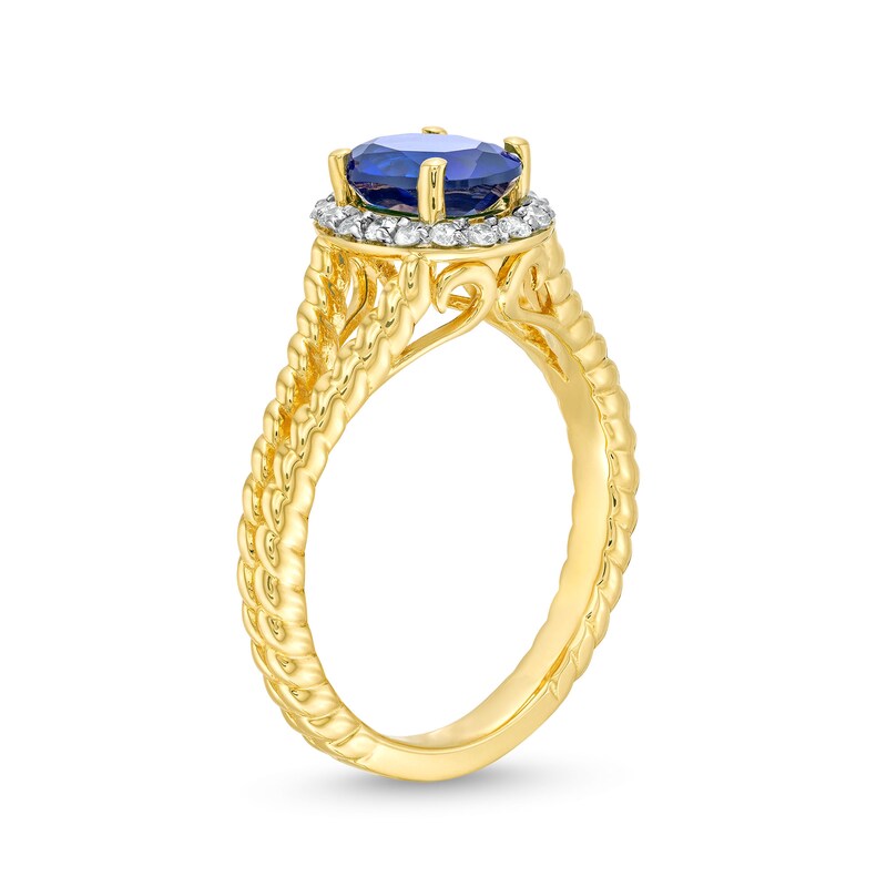 Main Image 2 of Oval Blue Lab-Created Sapphire and 1/5 CT. T.W. Diamond Frame Rope Shank Ring in 14K Gold