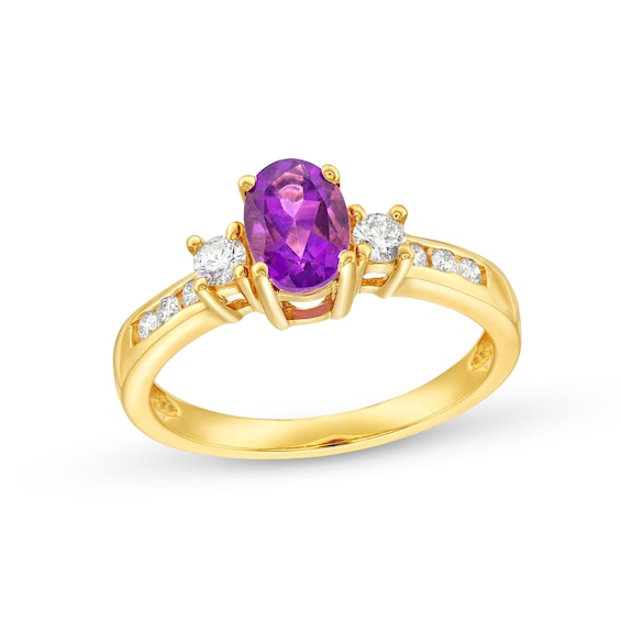 Oval Amethyst and 1/4 CT. T.w. Diamond Three Stone Ring in 14K Gold