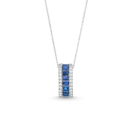 Sideways Baguette-Cut Blue Sapphire and 1/5 CT. T.W. Diamond Edge Pendant in 14K White Gold