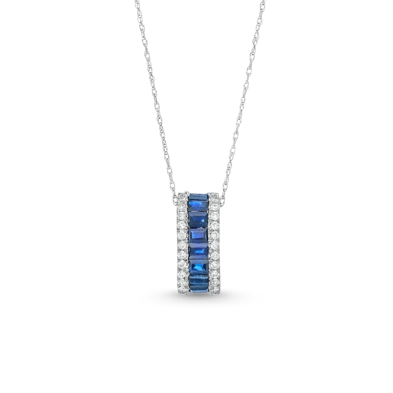 Main Image 1 of Sideways Baguette-Cut Blue Sapphire and 1/5 CT. T.W. Diamond Edge Pendant in 14K White Gold