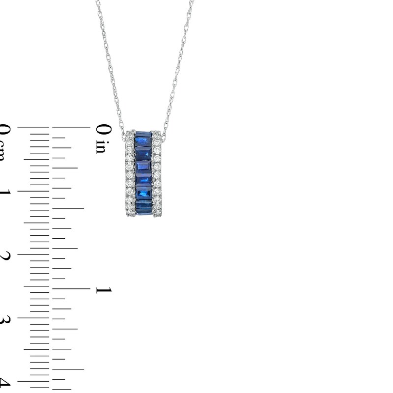 Main Image 3 of Sideways Baguette-Cut Blue Sapphire and 1/5 CT. T.W. Diamond Edge Pendant in 14K White Gold