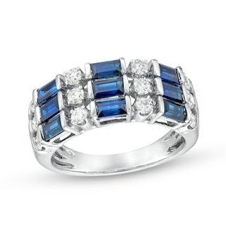 Sideways Baguette-Cut Blue Sapphire and 1/2 CT. T.W. Diamond Linear Triple Row Ring in 14K White Gold