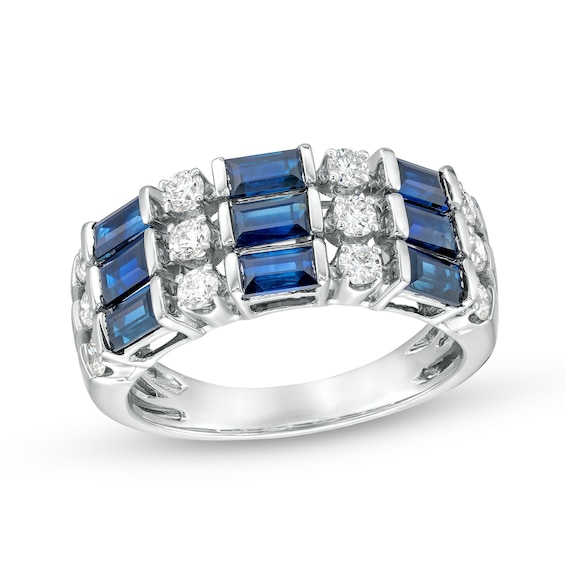 Sideways Baguette-Cut Blue Sapphire and 1/2 CT. T.w. Diamond Linear Triple Row Ring in 14K White Gold