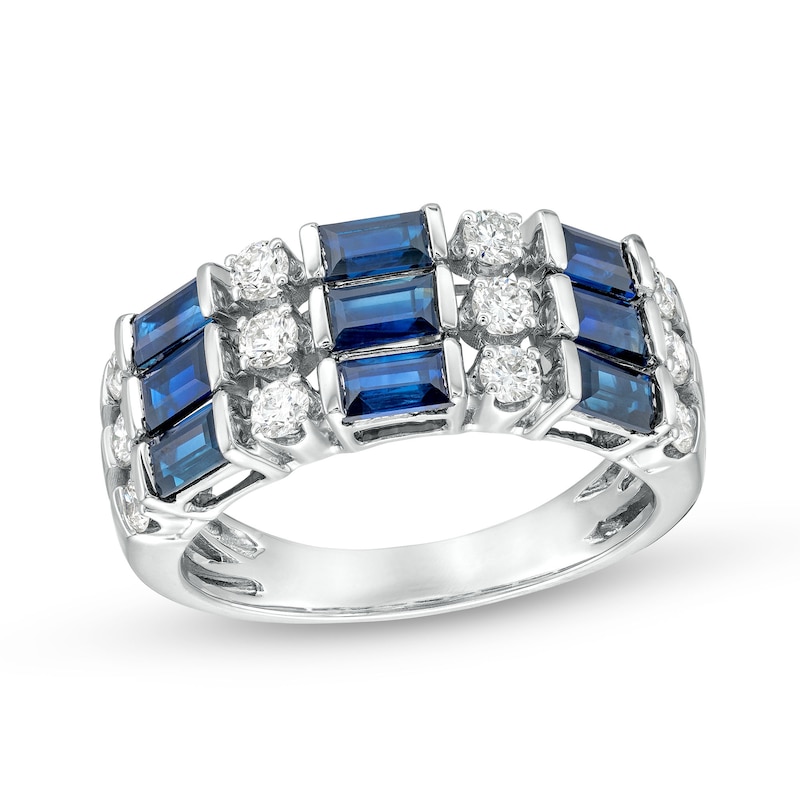 Main Image 1 of Sideways Baguette-Cut Blue Sapphire and 1/2 CT. T.W. Diamond Linear Triple Row Ring in 14K White Gold
