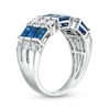Thumbnail Image 2 of Sideways Baguette-Cut Blue Sapphire and 1/2 CT. T.W. Diamond Linear Triple Row Ring in 14K White Gold