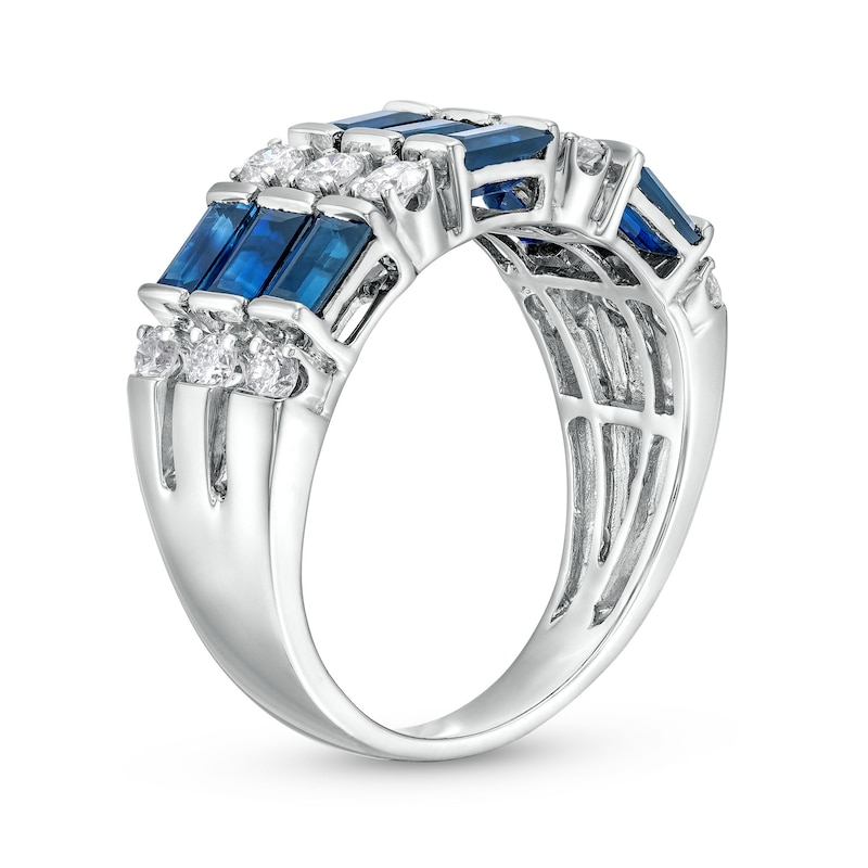 Main Image 2 of Sideways Baguette-Cut Blue Sapphire and 1/2 CT. T.W. Diamond Linear Triple Row Ring in 14K White Gold