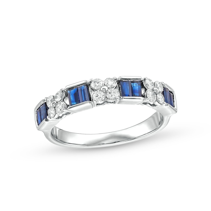 Main Image 1 of Alternating Baguette-Cut Blue Sapphire and 1/3 CT. T.W. Quad Diamond Ring in 14K White Gold
