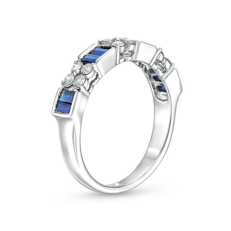 Main Image 2 of Alternating Baguette-Cut Blue Sapphire and 1/3 CT. T.W. Quad Diamond Ring in 14K White Gold