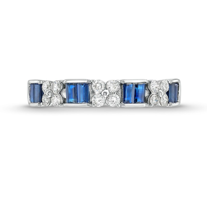 Main Image 3 of Alternating Baguette-Cut Blue Sapphire and 1/3 CT. T.W. Quad Diamond Ring in 14K White Gold