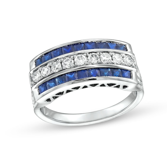1/3 CT. T.w. Diamond and Princess-Cut Blue Sapphire Triple Row Ring in 14K White Gold