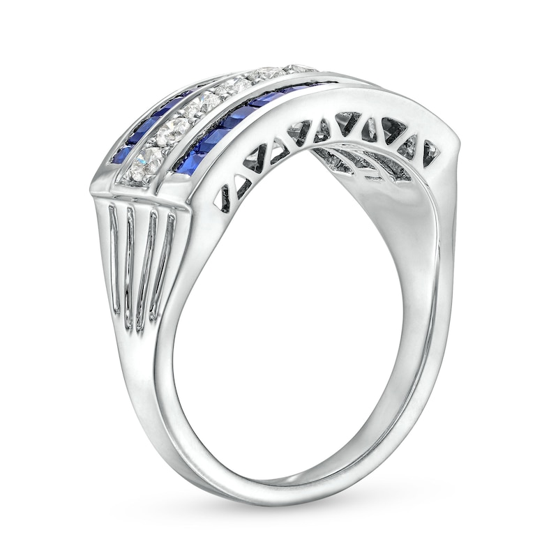 Main Image 2 of 1/3 CT. T.W. Diamond and Princess-Cut Blue Sapphire Triple Row Ring in 14K White Gold