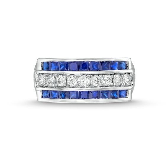 1/3 CT. T.w. Diamond and Princess-Cut Blue Sapphire Triple Row Ring in 14K White Gold