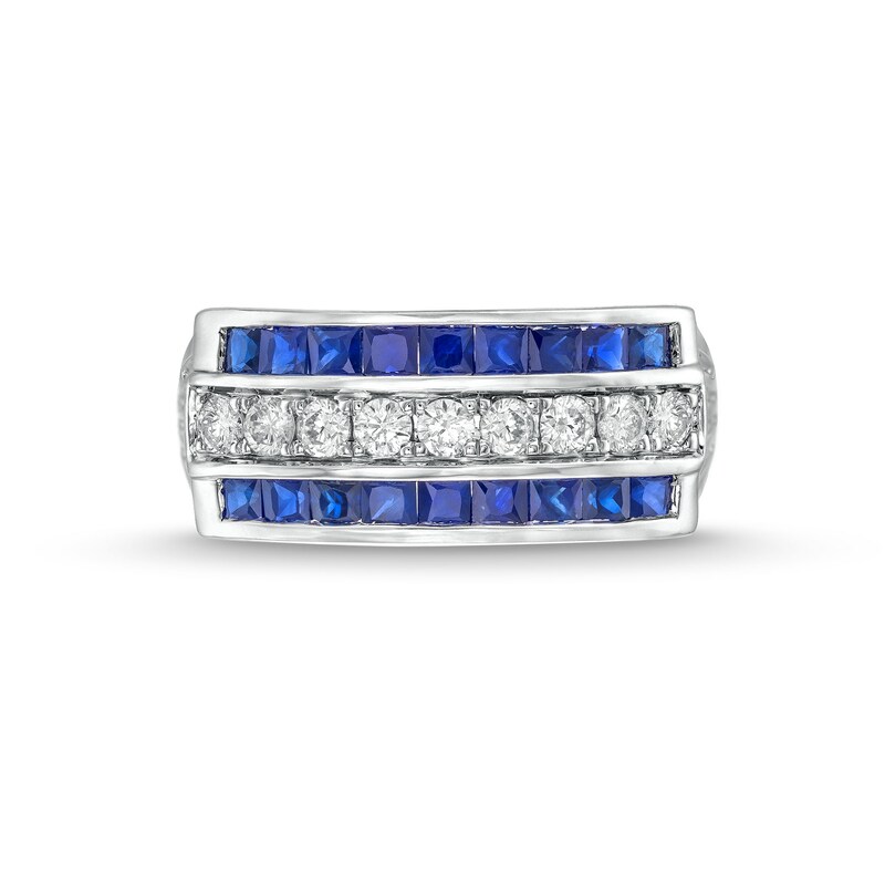 Main Image 3 of 1/3 CT. T.W. Diamond and Princess-Cut Blue Sapphire Triple Row Ring in 14K White Gold