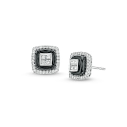 5/8 CT. T.W. Quad Princess-Cut Diamond and Onyx Square Stud Earrings in 14K White Gold