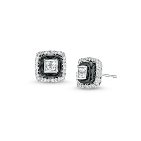 5/8 CT. T.w. Quad Princess-Cut Diamond and Onyx Square Stud Earrings in 14K White Gold