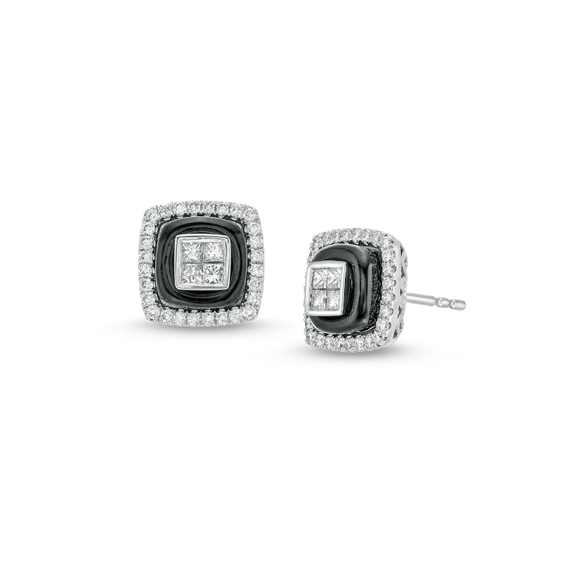 Main Image 1 of 5/8 CT. T.W. Quad Princess-Cut Diamond and Onyx Square Stud Earrings in 14K White Gold