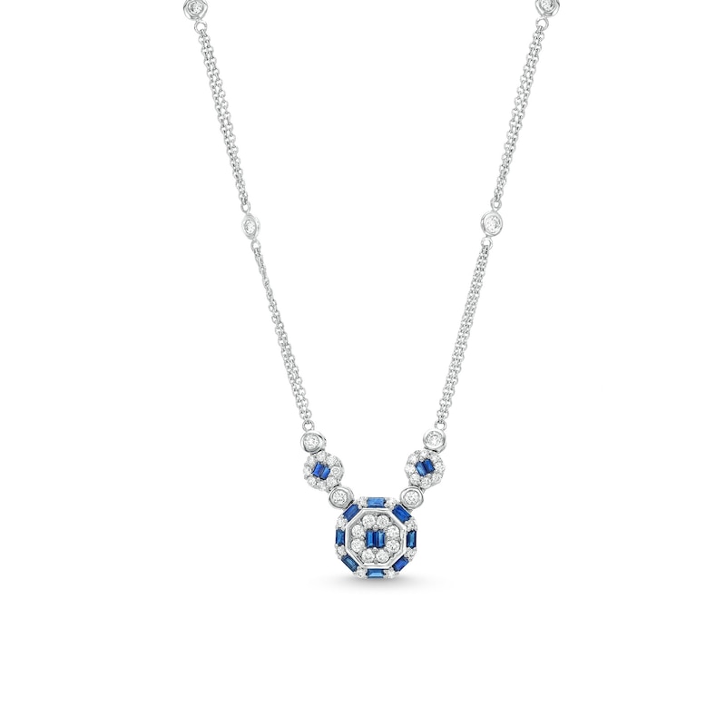 Main Image 1 of Blue Sapphire and 7/8 CT. T.W. Diamond Octagon Station Double Strand Necklace in 14K White Gold