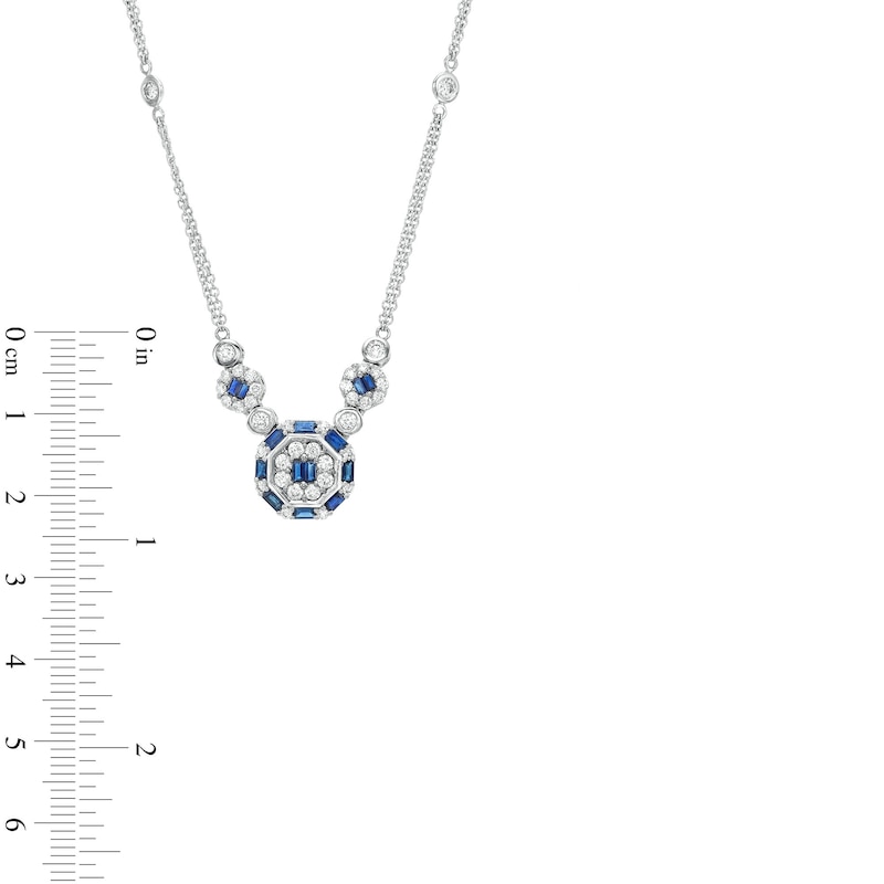 Main Image 3 of Blue Sapphire and 7/8 CT. T.W. Diamond Octagon Station Double Strand Necklace in 14K White Gold