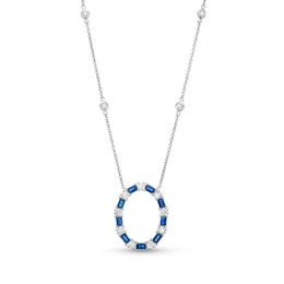 Baguette-Cut Blue Sapphire and 5/8 CT. T.W. Diamond Oval Outline Station Necklace in 14K White Gold