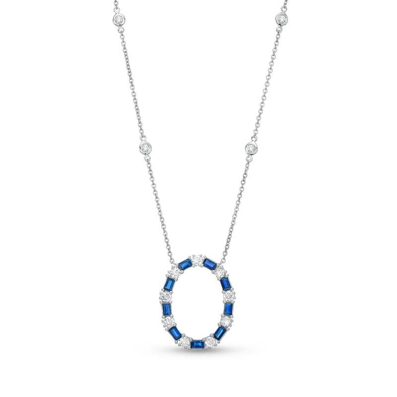 Main Image 1 of Baguette-Cut Blue Sapphire and 5/8 CT. T.W. Diamond Oval Outline Station Necklace in 14K White Gold