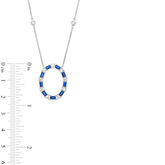 Baguette-Cut Blue Sapphire and 5/8 CT. T.w. Diamond Oval Outline Station Necklace in 14K White Gold