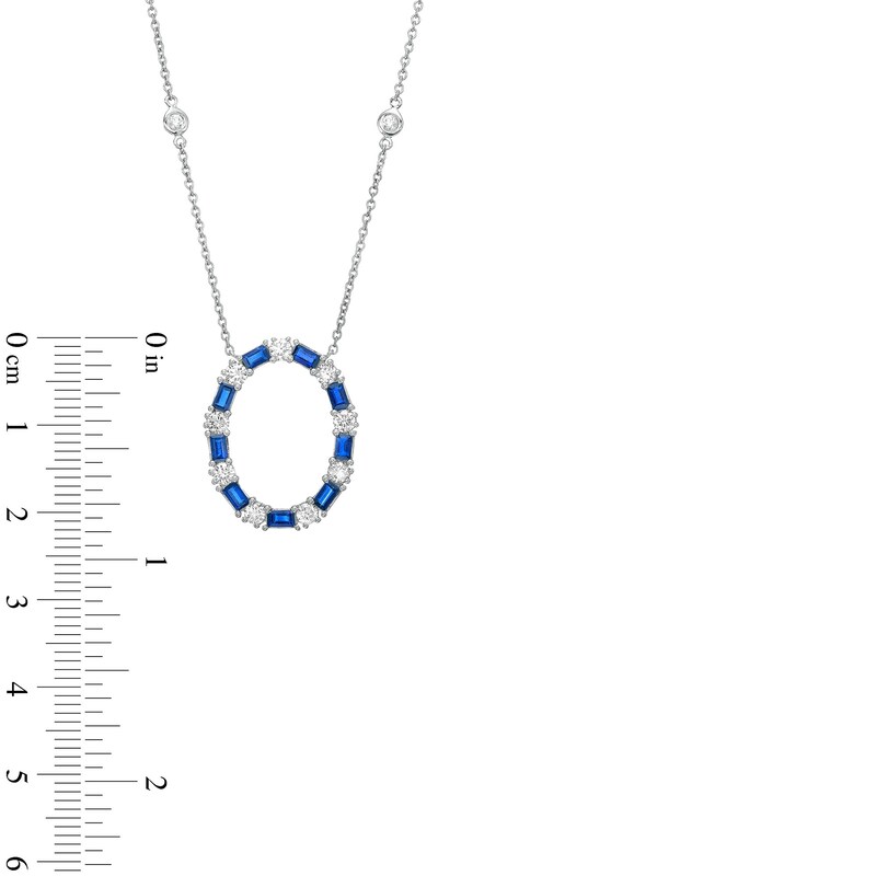 Main Image 3 of Baguette-Cut Blue Sapphire and 5/8 CT. T.W. Diamond Oval Outline Station Necklace in 14K White Gold