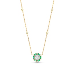 1/2 CT. T.W. Hexagon Multi-Diamond and Baguette-Cut Emerald Station Necklace in 14K Gold