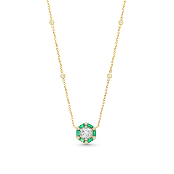 1/2 CT. T.w. Hexagon Multi-Diamond and Baguette-Cut Emerald Station Necklace in 14K Gold