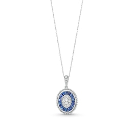 1/5 CT. T.W. Oval Multi-Diamond and Baguette-Cut Blue Sapphire Bead Frame Mirror Pendant in 14K White Gold